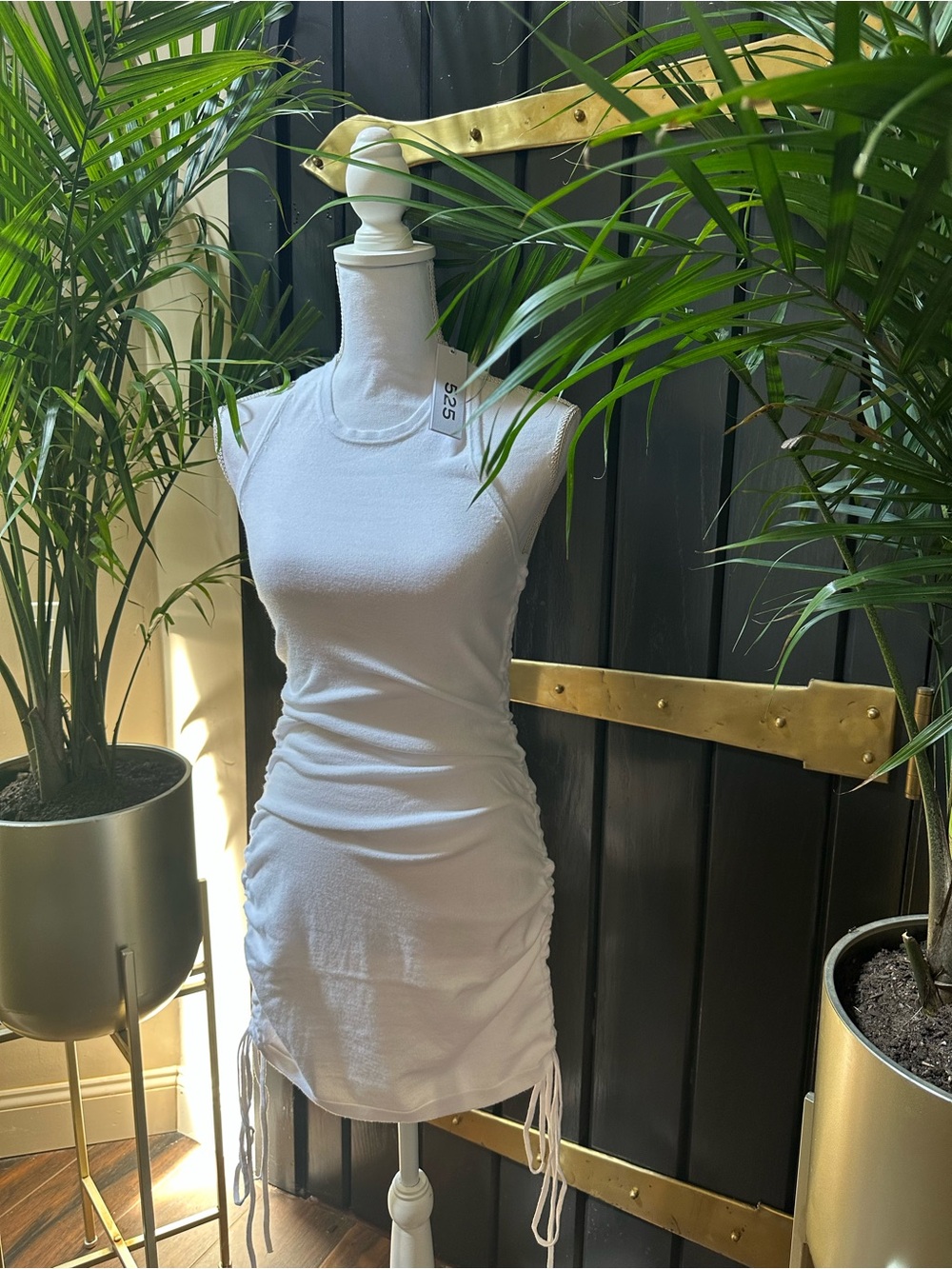 NWT REVOLVE 525 Born in BKLYN ruched dress White WR21S047 sundress beach XS